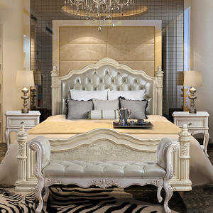 美式实木雕花床欧式象牙白罗马柱婚床真皮软包靠背别墅床定制家具