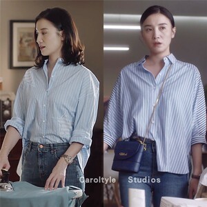小舍得南俪宋佳同款蓝色条纹衬衫女装春宽松五角星贴布刺绣棉衬衣