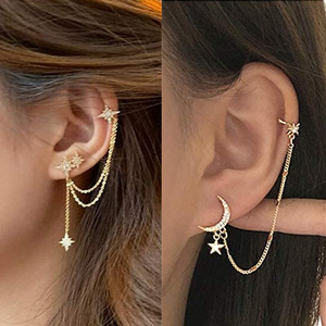 气质韩国简约耳链耳夹双耳洞耳骨钉耳环耳钉链超仙女士连体耳骨链