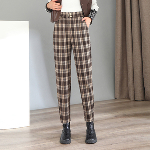 复古女裤小个子咖色格子裤女2022秋季新款裤子格纹九分小脚哈伦裤