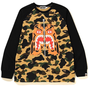 bape 男款长袖t恤 迷彩老虎前后印花拼接袖休闲街头潮款 日本代购