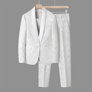 提花西服套装男士春秋季新款修身韩版新郎结婚白色刺绣西装两件套