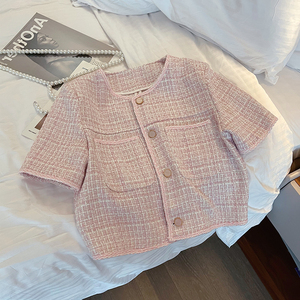 小香风短袖上衣女夏新款短外套冰丝粉色格子圆领T恤小个子外搭薄