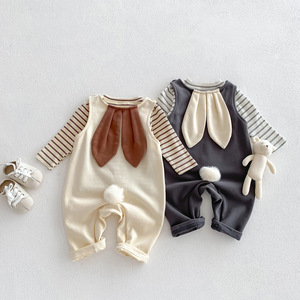 春秋季新款韩版婴幼儿长袖连体背带裤男女宝宝可爱兔耳朵爬服套装