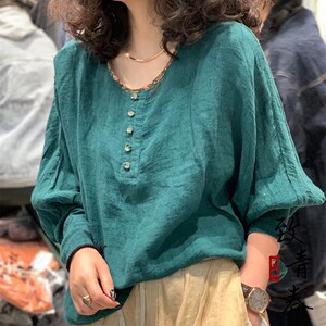 致青春棉麻22春季木易初见原创小众品质女装复古灯笼袖苎麻上衣