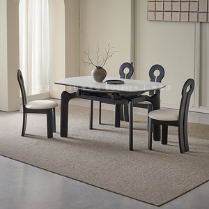 布雷尔法式复古伸缩岩板伸缩餐桌小户型中古风实木可折叠圆桌方桌