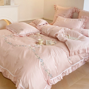 欧式公主风长绒棉粉色四件套花卉全棉小清新纯棉结婚床单床上用品