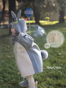 ｛BabyQ｝原创设计100双面羊毛外套男女童冬加厚可爱动漫灰色大衣