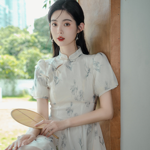 新中式女装夏季江南风中长款改良旗袍日常通勤国风复古印花连衣裙