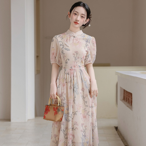 新中式女装夏季复古江南风旗袍改良年轻款少女短袖长款碎花连衣裙