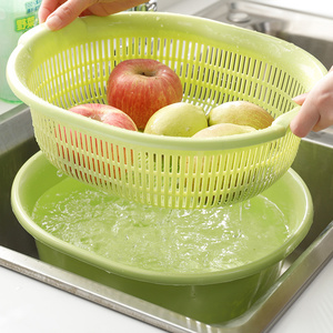 日本进口厨房双层塑料沥水篮洗菜盆碗碟水果蔬菜篮淘米沥水菜篮