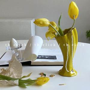Click多巴胺亮黄喇叭口插花瓶陶瓷装饰花器摆件原创小众设计创意