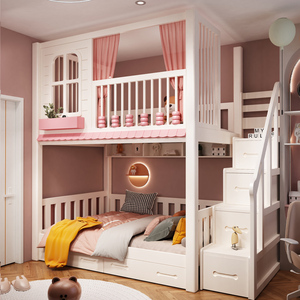 全实木双人床上下铺双层床子母床女孩公主床粉色儿童高低床树屋床
