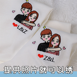 定制情侣装t恤夏季小众纯棉宽松短袖手绘照片名字图案刺绣diy手工