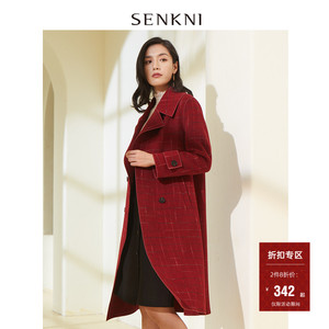 圣可尼商场同款新品里约红格纹绵羊毛呢外套女中长大衣