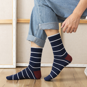 条纹拼色男士中筒袜子精梳棉袜跟撞色商务男休闲百搭横条纹小腿袜