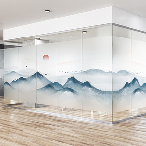 新中式山水画磨砂贴膜办公室隔断静电防窥透光不透明艺术玻璃贴纸