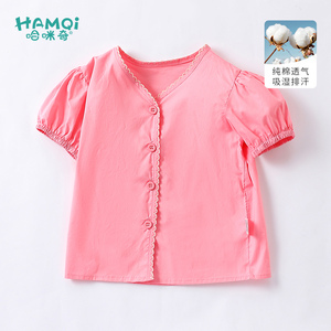 宝宝夏季女童衬衫新款婴儿小中童洋气纯棉短袖衬衣泡泡袖外穿上衣