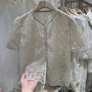 韩版直筒薄款订珠蕾丝衫女2024年夏季新款设计感重工穿珠洋气开衫
