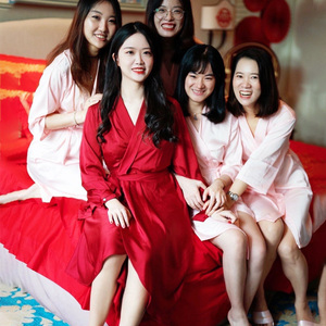 晨袍女新娘长款秋冬季婚礼丝绸红色睡衣法式伴娘团高级感化妆睡袍