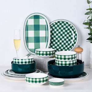 北欧创意方格陶瓷餐具套装汤碗盘子碗碟套装 家用2/4/6人组合