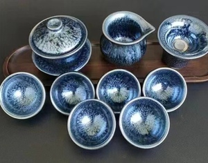 建阳铁胎紫金油滴兔毫鹧鸪斑蓝麒麟建盏12件套装茶具盖碗百花茶壶