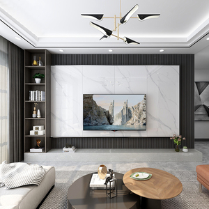 大理石材悬空电视背景墙瓷砖现代轻奢实木栅格板影视墙客厅装饰柜