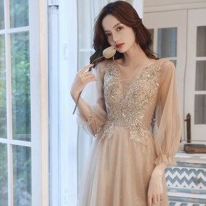 香槟色敬酒服纱裙蓬蓬裙夏季订婚长袖连衣裙孕妇平时可穿轻奢高端