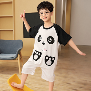 夏季儿童连体睡衣男童男孩子纯棉短袖2024新款连身卡通熊猫家居服