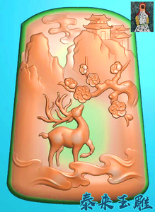 山水风景梅花鹿动物鹿挂件精雕图浮雕玉雕灰度图jdpbmp电脑雕刻图