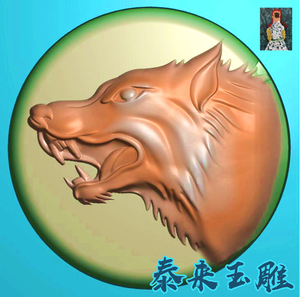 动物狼头圆牌挂件狼精雕图浮雕玉雕灰度图jdpbmp电脑雕刻图狼头