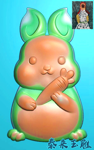 卡通小兔子胡萝卜兔子挂件精雕图浮雕玉雕灰度图jdpbmp电脑雕刻图