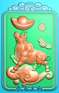 仿古牌头生肖牛金钱元宝牛牌挂件木雕精雕图浮雕玉雕灰度图jdpbmp