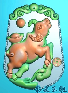 仿古牌头生肖牛元宝如意牛牌挂件精雕图浮雕玉雕灰度图jdpbmp雕刻