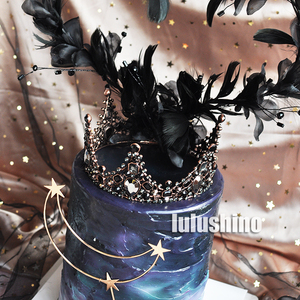 烘焙蛋糕装饰 暗夜皇后黑色宝石皇冠摆件 仙女羽毛星星月亮插件