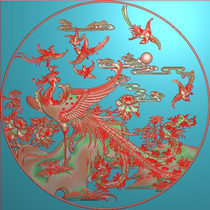 圆形百鸟朝凤喜鹊凤凰牡丹花挂件挂盘精雕图浮雕灰度jdp圆台孔雀