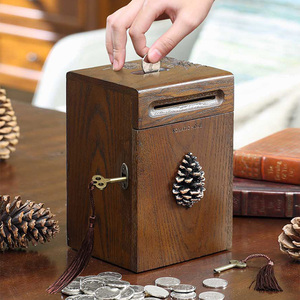 家用实木存钱罐创意生日礼物不可取带锁储蓄罐男孩女孩储钱罐大号