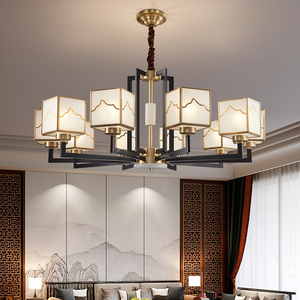 新中式客厅吊灯全铜轻奢餐厅卧室灯现代简约方形玻璃灯罩大厅灯具