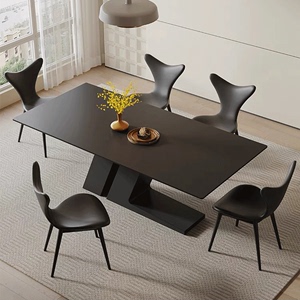 轻奢亮光面岩板餐桌现代简约小户型长方形家用岩板餐桌椅组合