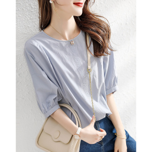 纯色简约五分袖衬衫女夏季新款韩版时尚宽松显瘦休闲气质女式衬衣