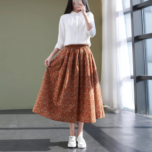 裙子女2022春款新品碎花文艺过膝半身裙碎花简约宽松复古棉麻女裙