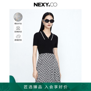 【真丝】NEXY.CO/奈蔻新款针织拼接假两件连衣裙女士休闲短袖裙子