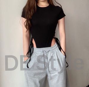 黑色外穿高开叉绑带露腰连体衣t恤女大码短袖体连身丁字瑜伽跳舞