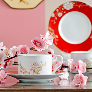 华光陶瓷 骨瓷咖啡杯碟套装 牛奶咖啡杯 一杯一碟 时尚中式 锦色