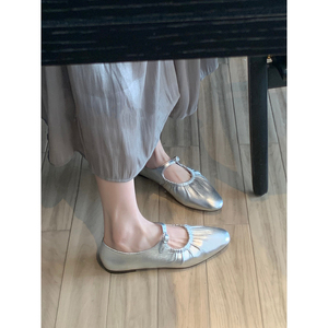 法式银色单鞋女2024新款夏季浅口真皮气质玛丽珍一字带平底鞋温柔