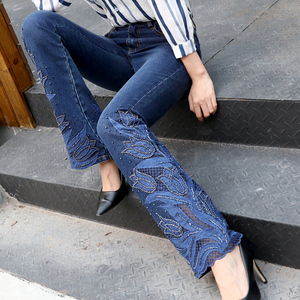 m纪 刺绣蕾丝边钉珠牛仔裤女显瘦弹力喇叭裤重工手工艺绣花微喇裤