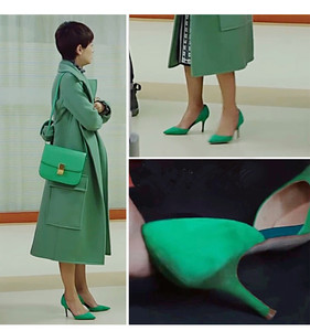 我的前半生罗子君同款鞋子绿色绒面侧空单鞋性感细跟粉红浅口女鞋