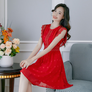 2195雪纺红色礼服裙子夏季新款女装短款气质纱裙无袖连衣裙女早秋