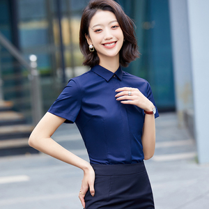 暗门襟短袖藏青色女装衬衣夏季韩版职业装女装套装包裙工装ol衬衣