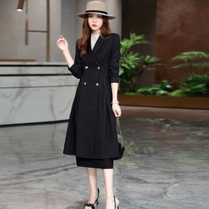 高级感时尚气质修身中长款黑色风衣外套配裙子两件套2023新款女装